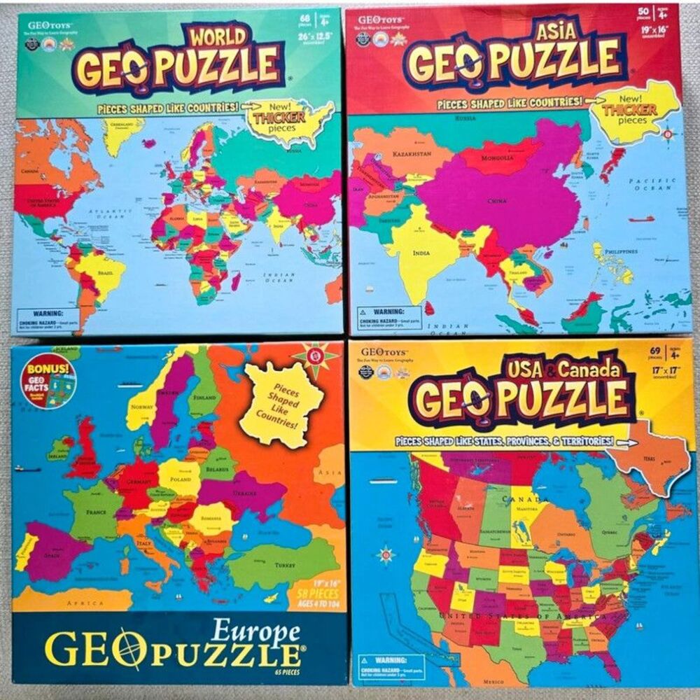 Lot of 4 GeoPuzzle geography puzzles Geo - World, Asia, Europe, USA/Canada